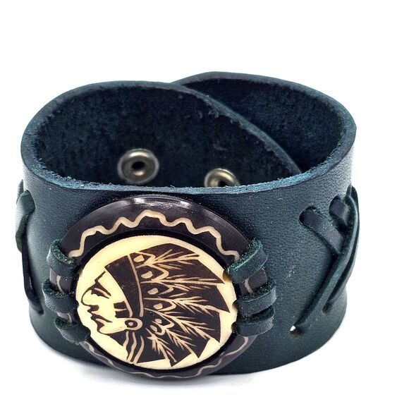 Indian Head Leather Cuff Bracelet Carved Tribal Biker Native American Western - Picture 6 of 7